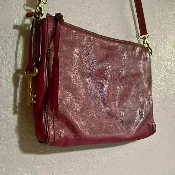 Fossil Handbags - Fossil Emma EW Red Wine Crossbody Bag Pockets Glazed Leather Gold Hardware